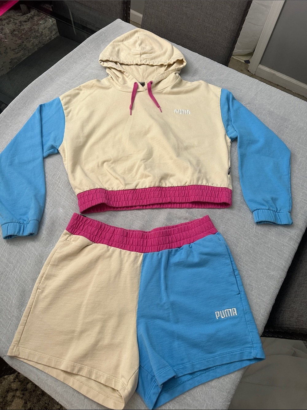 PUMA Two-Tone Cropped Hoodie & Shorts Set - Cream, Blue & Pink
